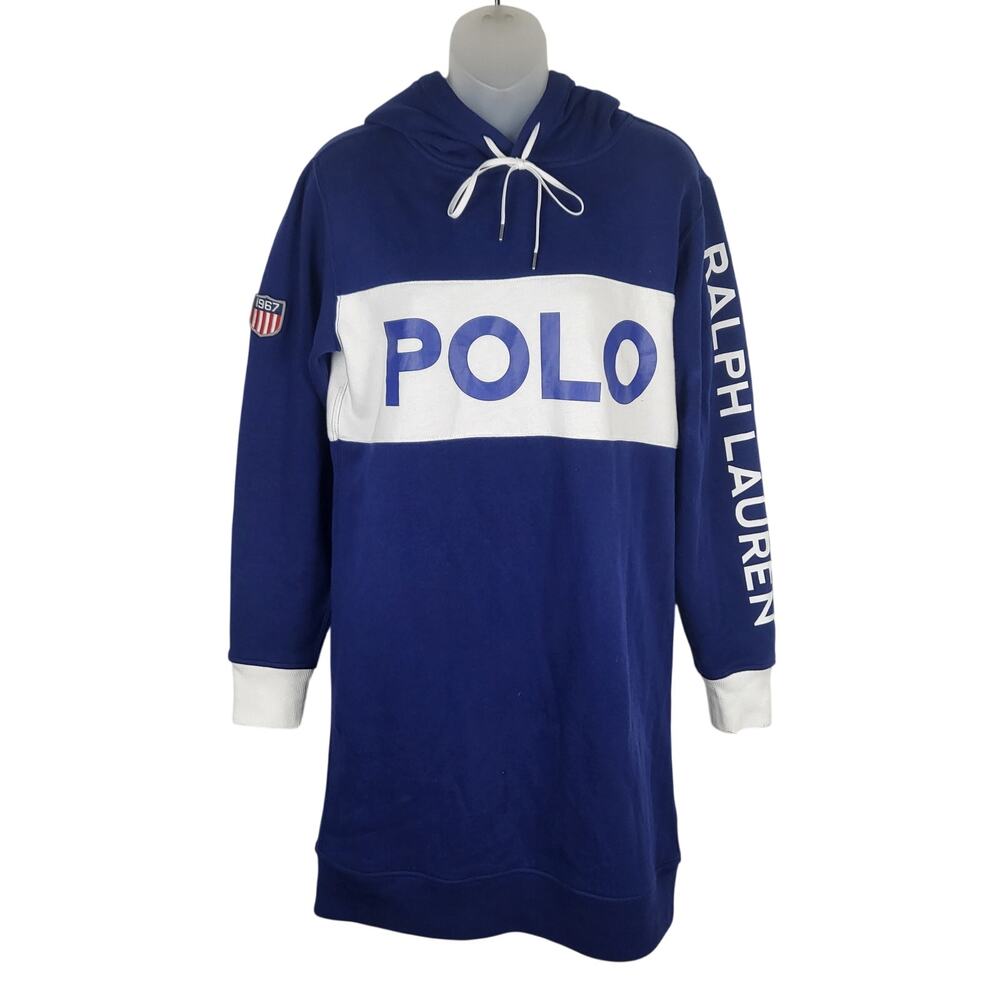 Polo Ralph Lauren Colorblock Fleece Sweatshirt Hoodie Dress in Blue White S NWOT - Picture 6 of 8